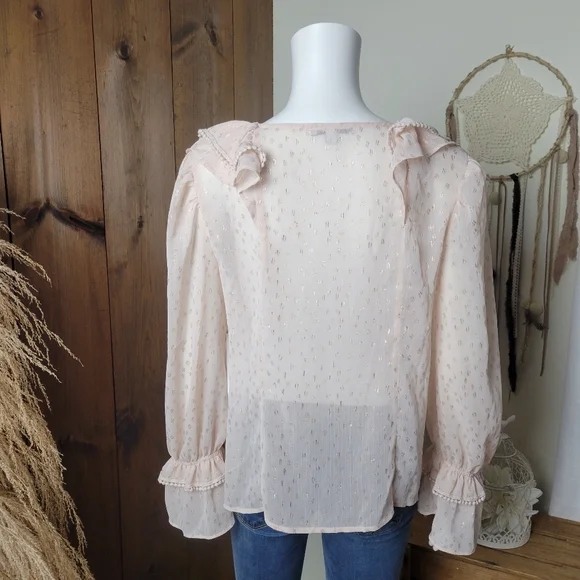 NWT Romantic Ruffled V-neck Rose Gold Polka Dot Blouse - Picture 4 of 16